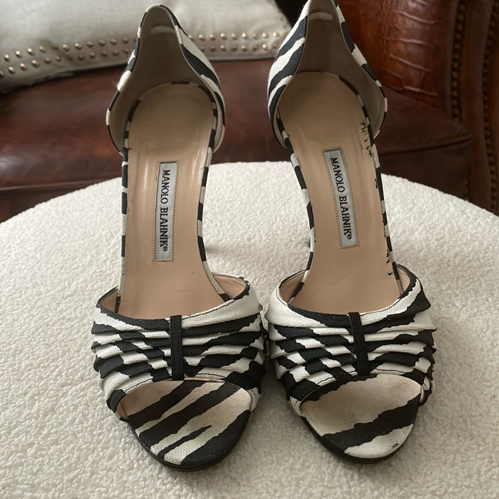 Manila Blahnik open toe, zebra print fabric.